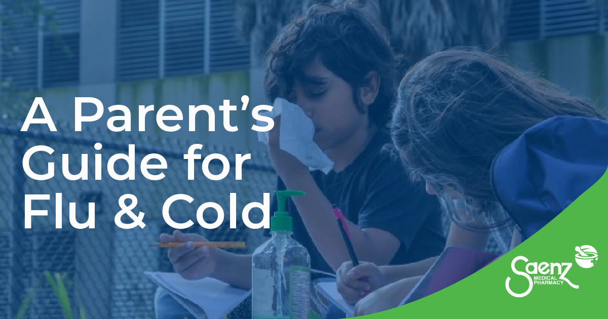 Aboy, blowing his nose, and a girl, with hand sanitizer in front of her, are doing homework outside.